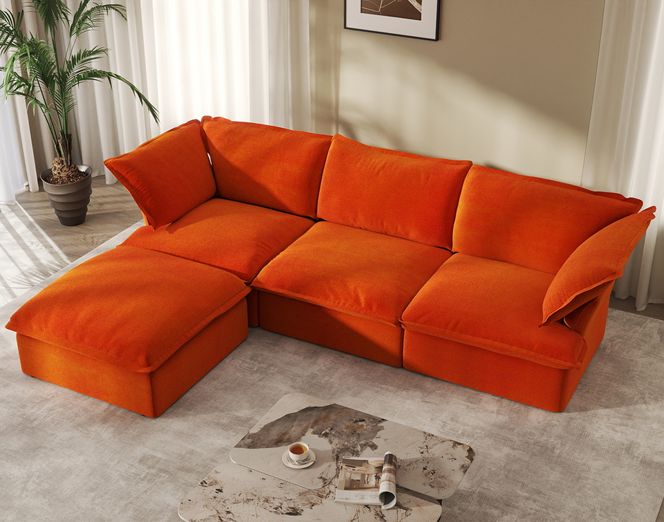 Deluxe Cloud 3-Seater Storage L-Shaped Sectional | 4-Piece (includes 1 ottoman), Velvet Fabric, Washable Covers