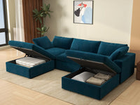 Deluxe Cloud 3-Seater U-Shaped Sectional in Dark Blue Velvet | 5-Piece (Includes 2 Ottomans), Family Room Seating, Easy To Clean, Contemporary Style