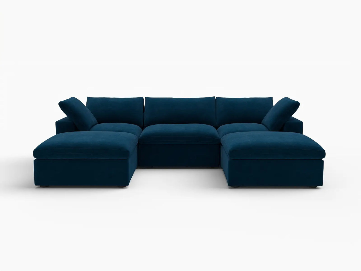 Deluxe Cloud 3-Seater U-Shaped Sectional in Dark Blue Velvet | 5-Piece (Includes 2 Ottomans), Family Room Seating, Easy To Clean, Contemporary Style