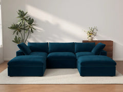 Deluxe Cloud 3-Seater U-Shaped Sectional in Dark Blue Velvet | 5-Piece (Includes 2 Ottomans), Family Room Seating, Easy To Clean, Contemporary Style
