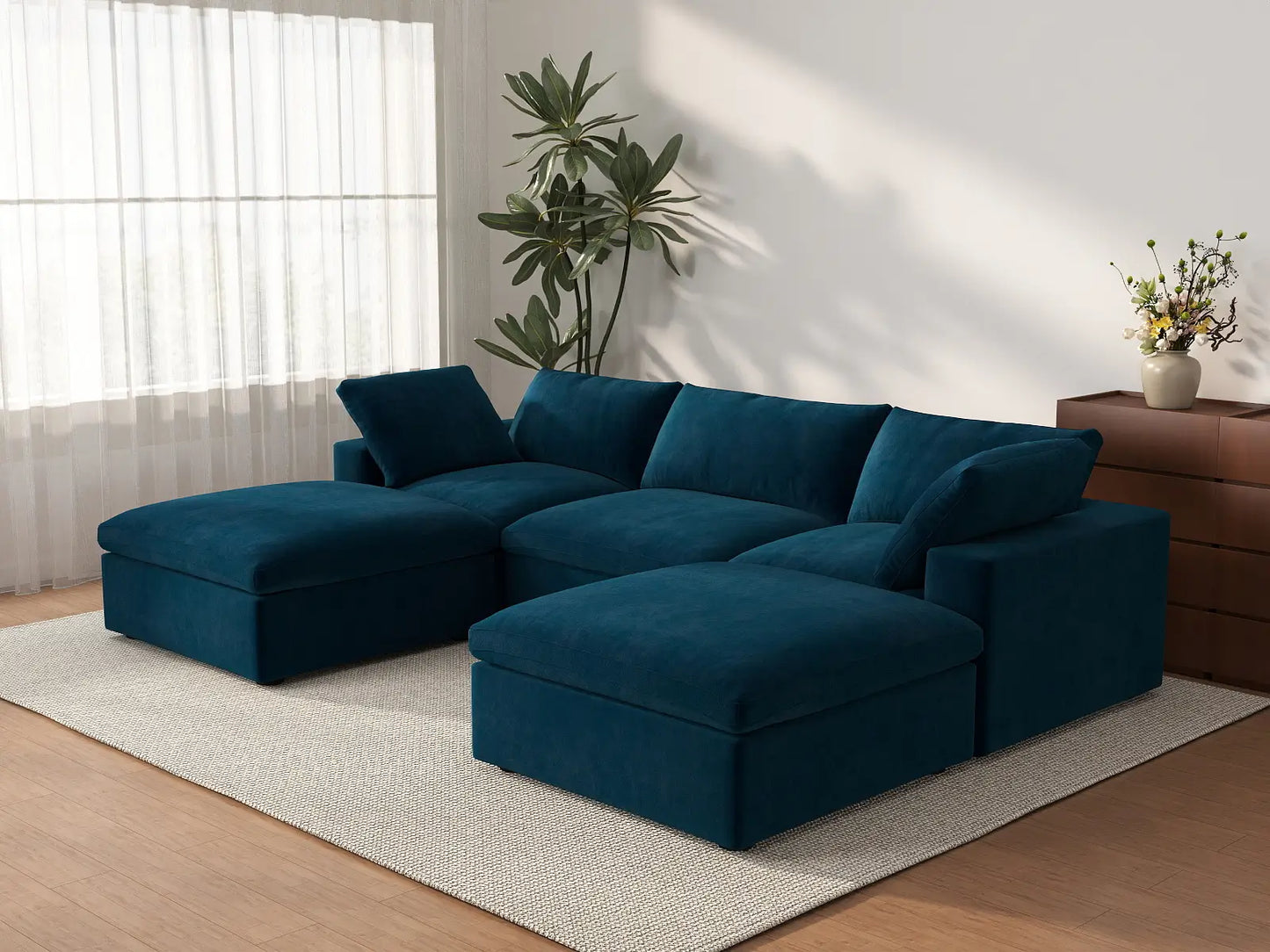 Deluxe Cloud 3-Seater U-Shaped Sectional in Dark Blue Velvet | 5-Piece (Includes 2 Ottomans), Family Room Seating, Easy To Clean, Contemporary Style