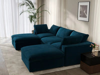 Deluxe Cloud 3-Seater U-Shaped Sectional in Dark Blue Velvet | 5-Piece (Includes 2 Ottomans), Family Room Seating, Easy To Clean, Contemporary Style