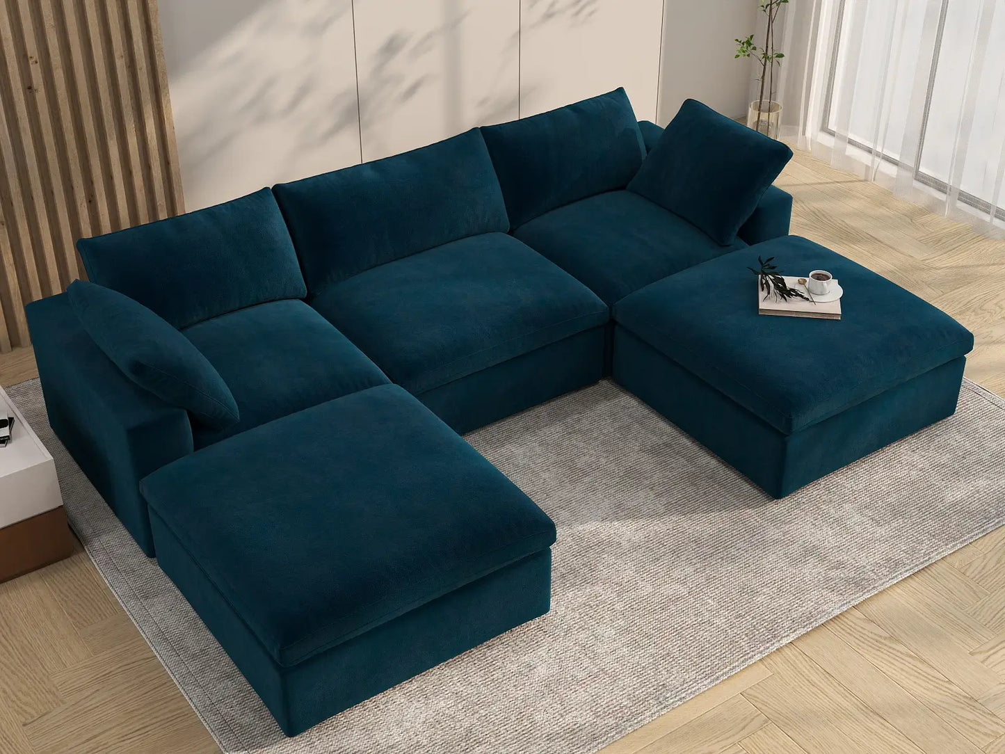 Deluxe Cloud 3-Seater U-Shaped Sectional in Dark Blue Velvet | 5-Piece (Includes 2 Ottomans), Family Room Seating, Easy To Clean, Contemporary Style