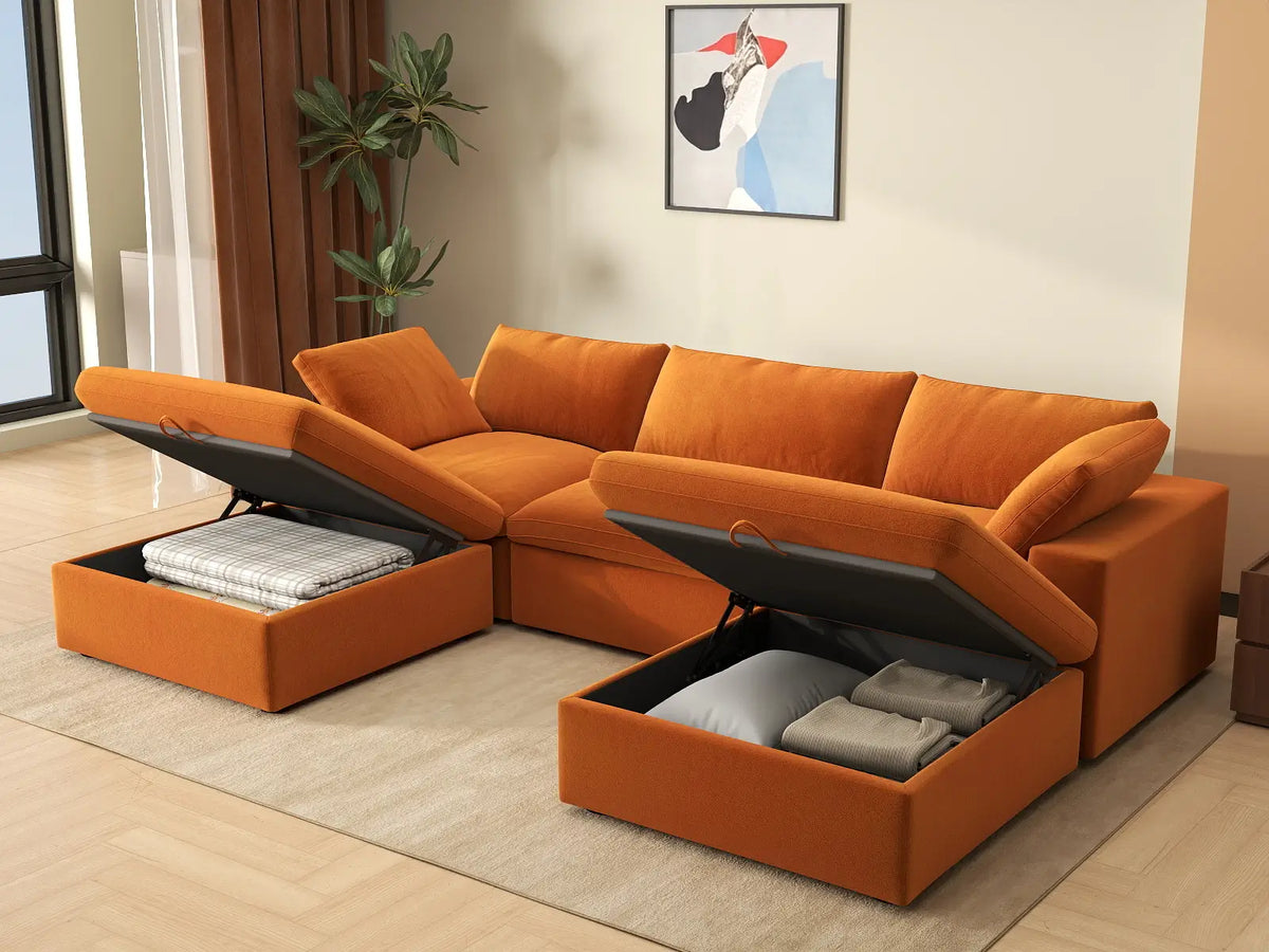 Deluxe Cloud 3-Seater U-Shaped Sectional in Terracotta Velvet | 5-Piece (Includes 2 Ottomans), Family Room Seating, Easy To Clean, Modern Style