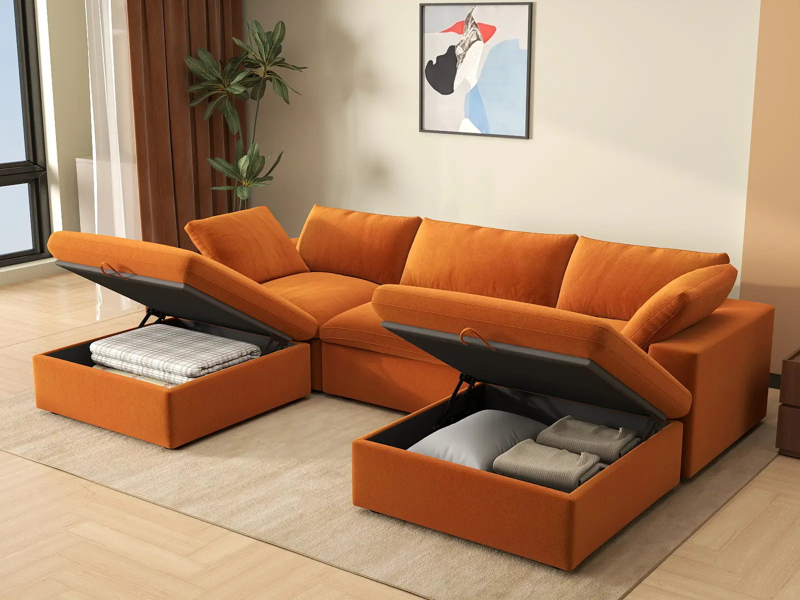 Deluxe Cloud 3-Seater U-Shaped Sectional in Terracotta Velvet | 5-Piece (Includes 2 Ottomans), Family Room Seating, Easy To Clean, Modern Style