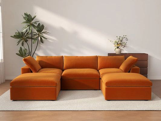 Deluxe Cloud 3-Seater U-Shaped Sectional in Terracotta Velvet | 5-Piece (Includes 2 Ottomans), Family Room Seating, Easy To Clean, Modern Style
