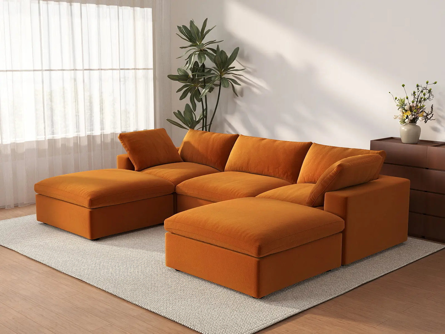 Deluxe Cloud 3-Seater U-Shaped Sectional in Terracotta Velvet | 5-Piece (Includes 2 Ottomans), Family Room Seating, Easy To Clean, Modern Style