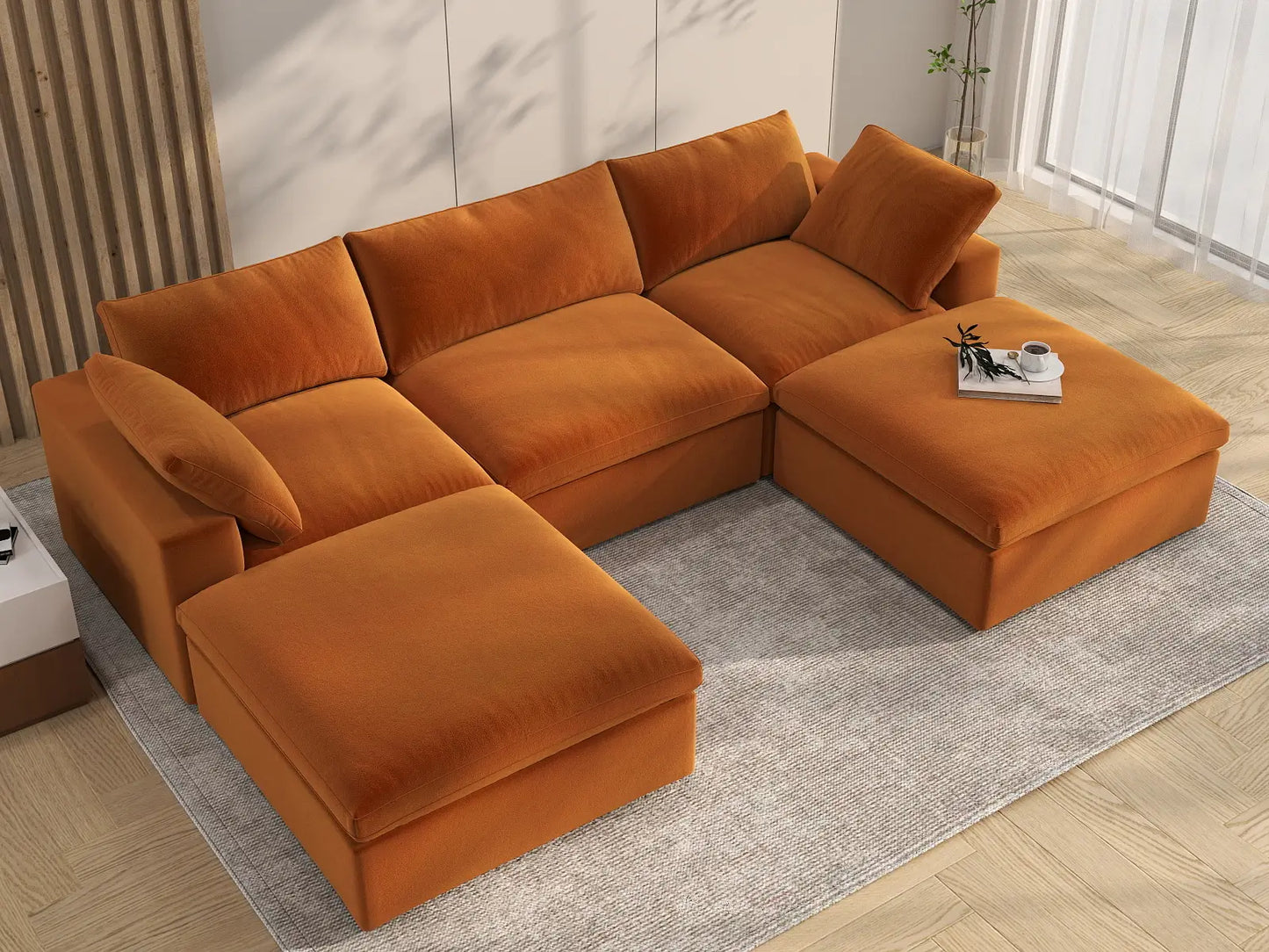 Deluxe Cloud 3-Seater U-Shaped Sectional in Terracotta Velvet | 5-Piece (Includes 2 Ottomans), Family Room Seating, Easy To Clean, Modern Style