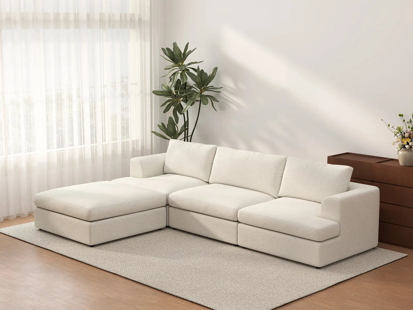 Deluxe Cloud 3-Seater White Large Space L-Shaped Sectional | 4-Piece (Includes 1 Ottoman), Bouclé Sherpa-Like Fabric, Easy To Clean