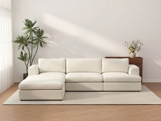 Sofá Seccional en Forma de L de 3 Plazas Deluxe Cloud, Grande, Blanco | 4 Piezas (Incluye 1 Otomana), Tejido Bouclé Tipo Sherpa, Fácil de Limpiar