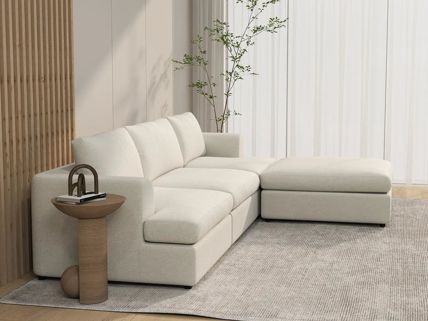 Deluxe Cloud 3-Seater White Large Space L-Shaped Sectional | 4-Piece (Includes 1 Ottoman), Bouclé Sherpa-Like Fabric, Easy To Clean