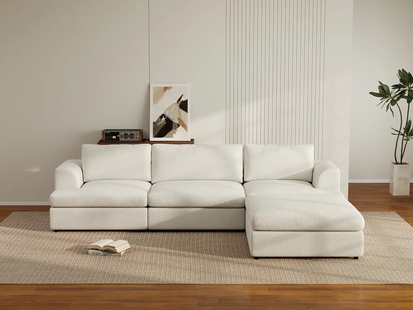 Deluxe Cloud 3-Seater White Large Space L-Shaped Sectional | 4-Piece (Includes 1 Ottoman), Bouclé Sherpa-Like Fabric, Easy To Clean