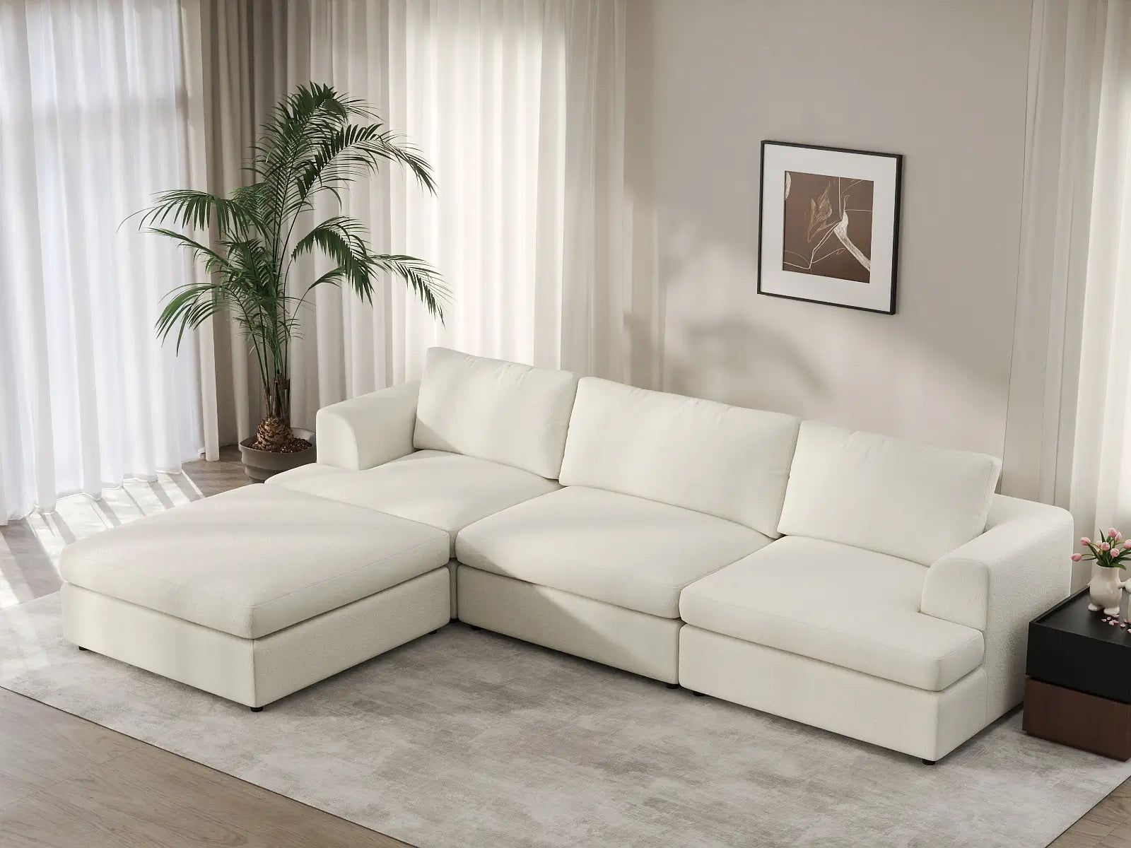 Deluxe Cloud 3-Seater White Large Space L-Shaped Sectional | 4-Piece (Includes 1 Ottoman), Bouclé Sherpa-Like Fabric, Easy To Clean