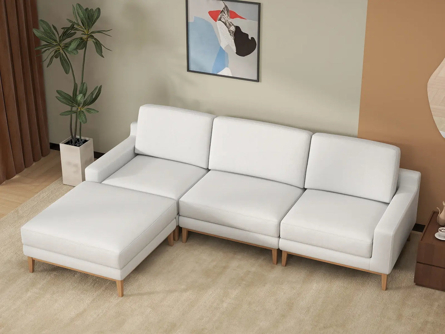 Deluxe Cloud 3-Seater White Large Space L-Shaped Sectional | 4-Piece (Includes 1 Ottoman), Linen Look Poly Fabric, Easy To Clean