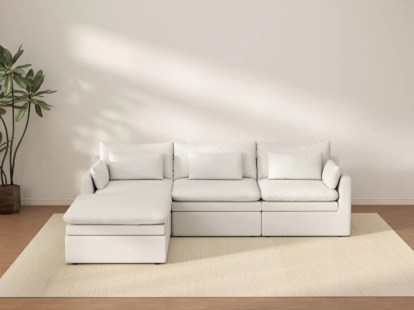 Seccional en forma de L grande de 3 plazas Deluxe Cloud blanco | 4 piezas (incluye 1 otomana), tejido de poliéster con aspecto de lino, fácil de limpiar