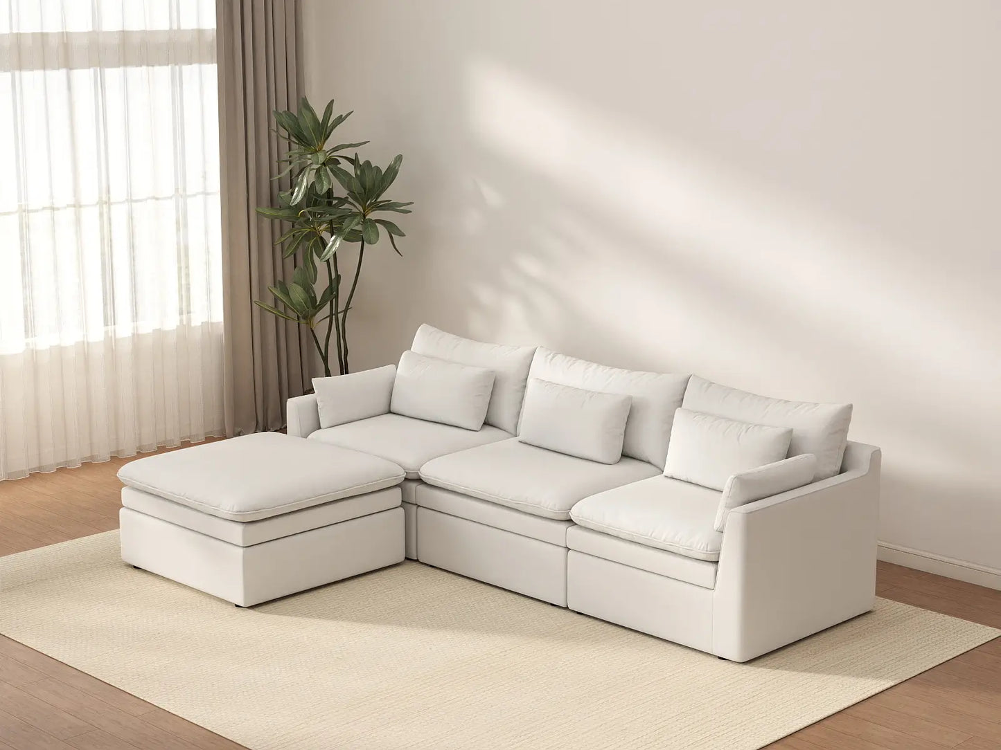 Seccional en forma de L grande de 3 plazas Deluxe Cloud blanco | 4 piezas (incluye 1 otomana), tejido de poliéster con aspecto de lino, fácil de limpiar