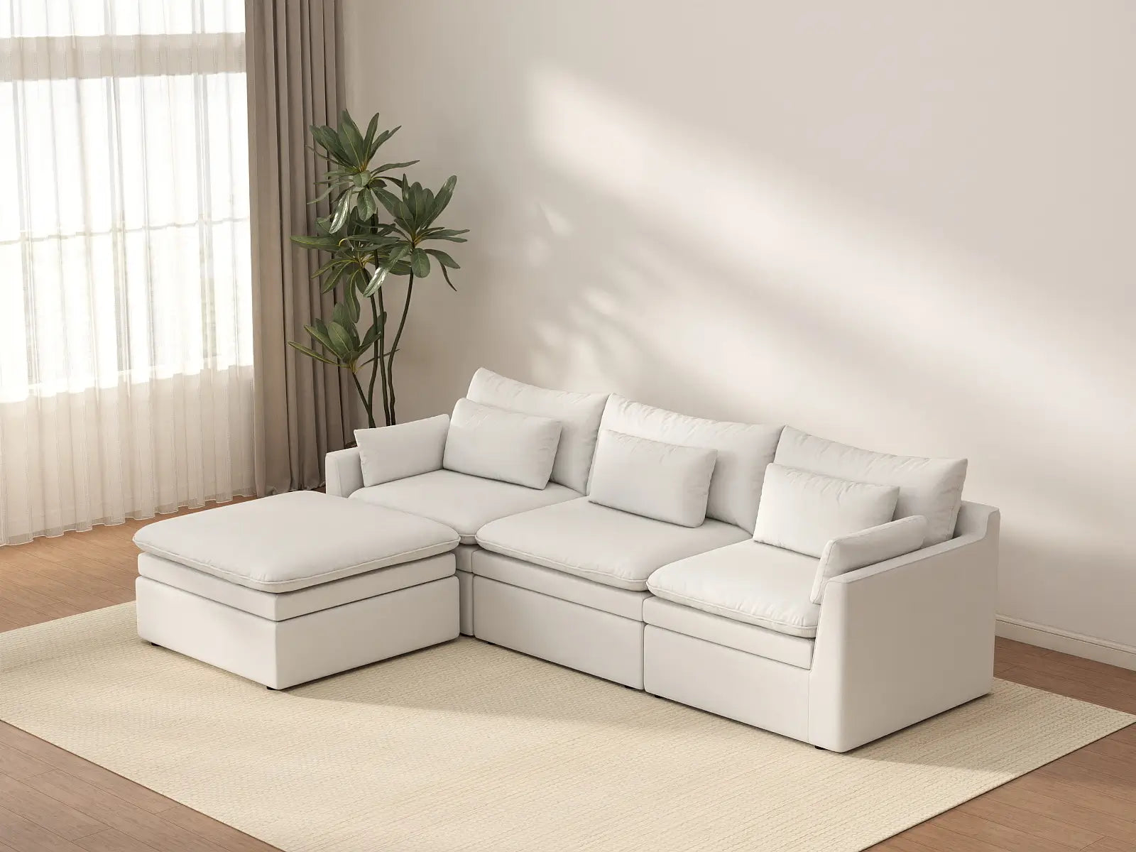 Seccional en forma de L grande de 3 plazas Deluxe Cloud blanco | 4 piezas (incluye 1 otomana), tejido de poliéster con aspecto de lino, fácil de limpiar
