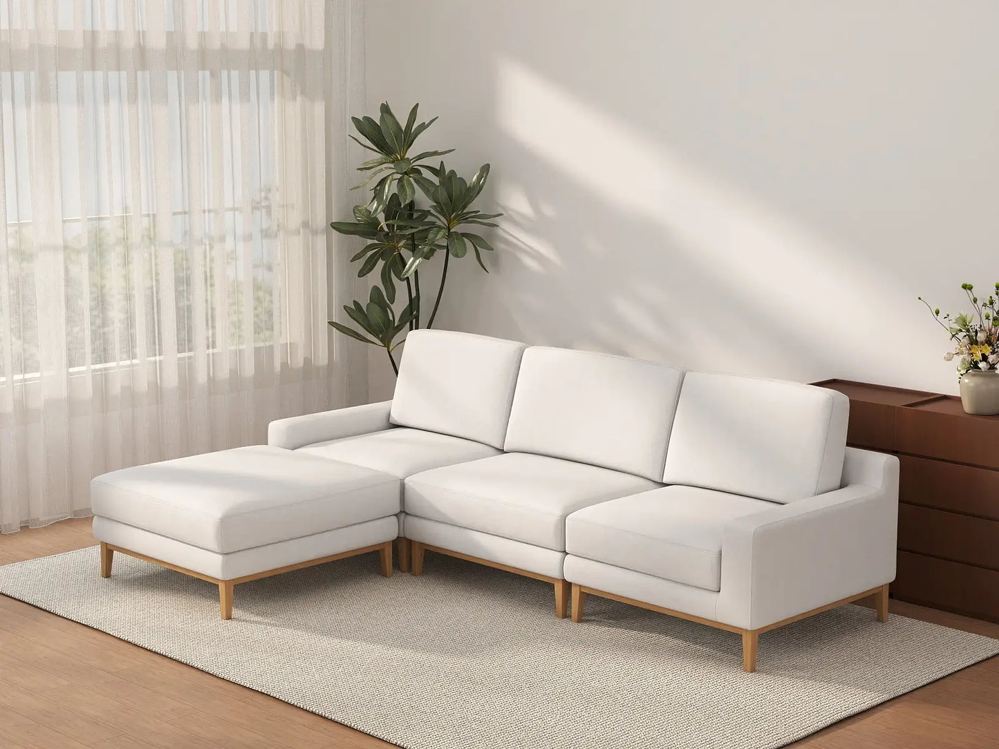 Deluxe Cloud 3-Seater White Large Space L-Shaped Sectional | 4-Piece (Includes 1 Ottoman), Linen Look Poly Fabric, Easy To Clean