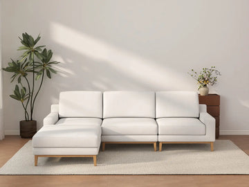 Seccional en forma de L grande de 3 plazas Deluxe Cloud blanco | 4 piezas (incluye 1 otomana), tejido de poliéster con aspecto de lino, fácil de limpiar