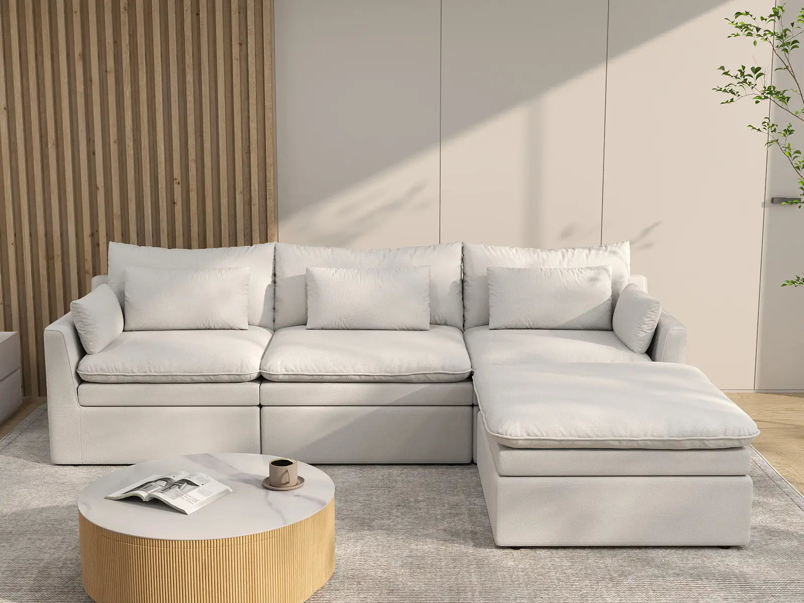 Seccional en forma de L grande de 3 plazas Deluxe Cloud blanco | 4 piezas (incluye 1 otomana), tejido de poliéster con aspecto de lino, fácil de limpiar