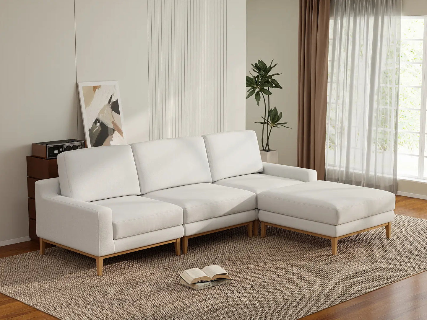 Deluxe Cloud 3-Seater White Large Space L-Shaped Sectional | 4-Piece (Includes 1 Ottoman), Linen Look Poly Fabric, Easy To Clean