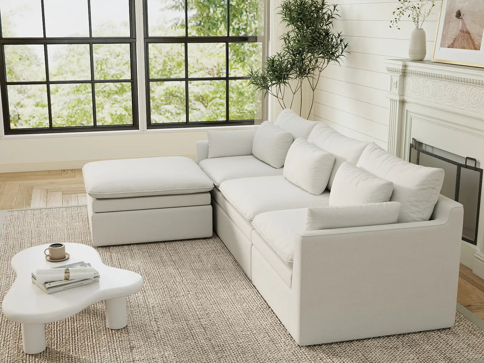 Seccional en forma de L grande de 3 plazas Deluxe Cloud blanco | 4 piezas (incluye 1 otomana), tejido de poliéster con aspecto de lino, fácil de limpiar