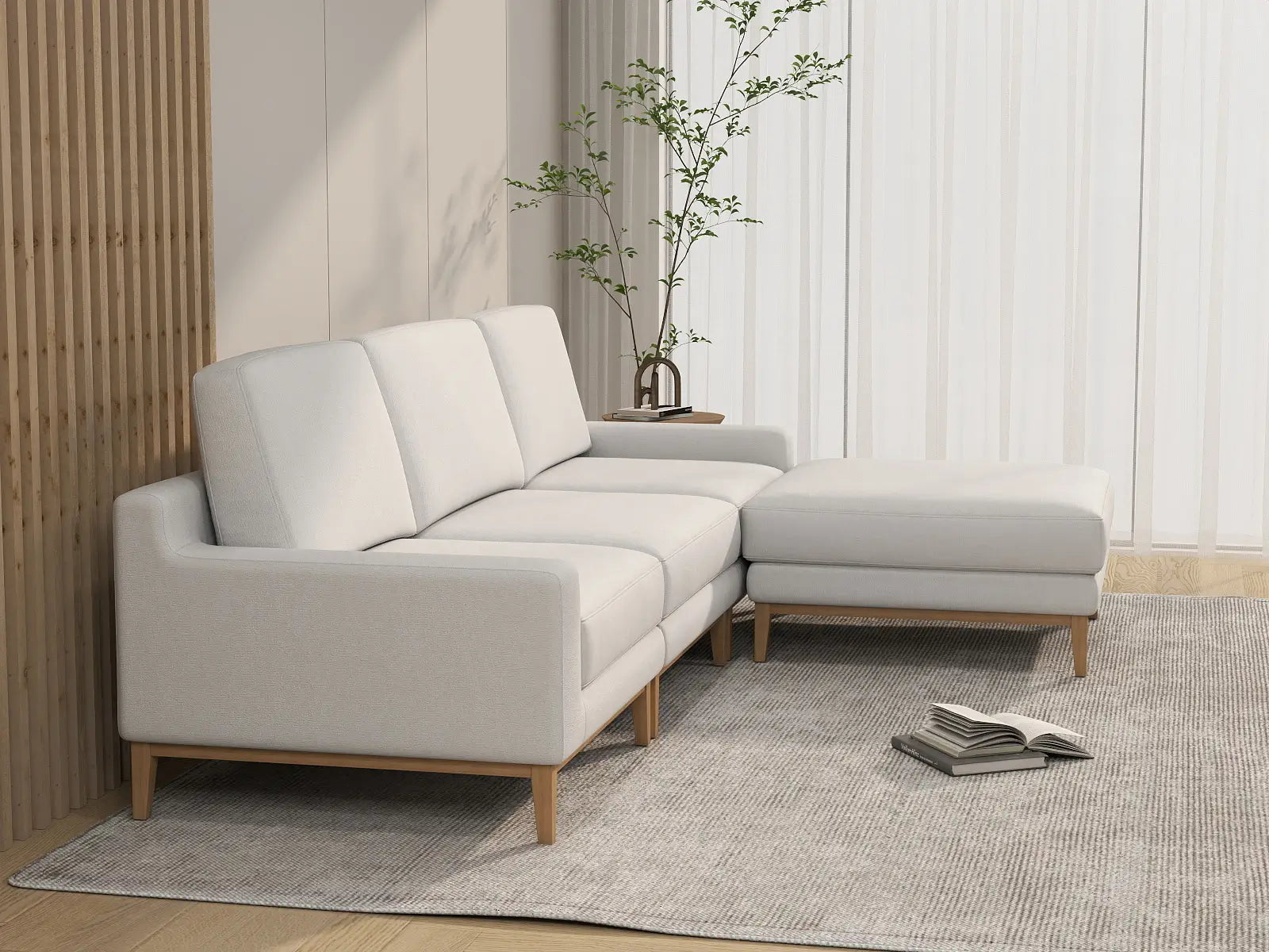 Deluxe Cloud 3-Seater White Large Space L-Shaped Sectional | 4-Piece (Includes 1 Ottoman), Linen Look Poly Fabric, Easy To Clean