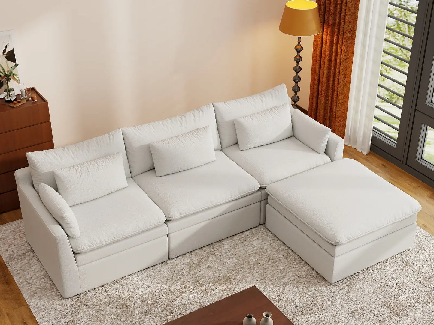 Seccional en forma de L grande de 3 plazas Deluxe Cloud blanco | 4 piezas (incluye 1 otomana), tejido de poliéster con aspecto de lino, fácil de limpiar