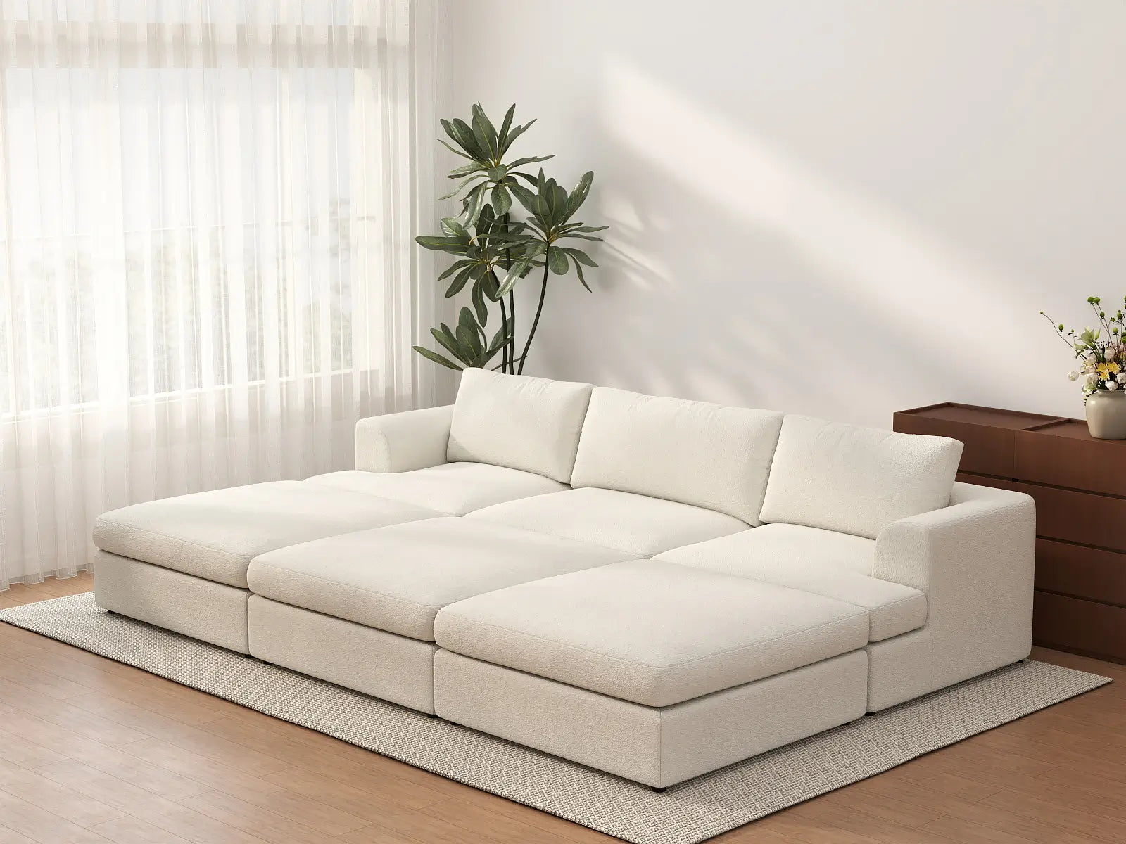 Deluxe Cloud 3-Seater White Large Space Pit Sectional | 6-Piece (Includes 3 Ottomans), Bouclé Sherpa-Like Fabric, Easy To Clean