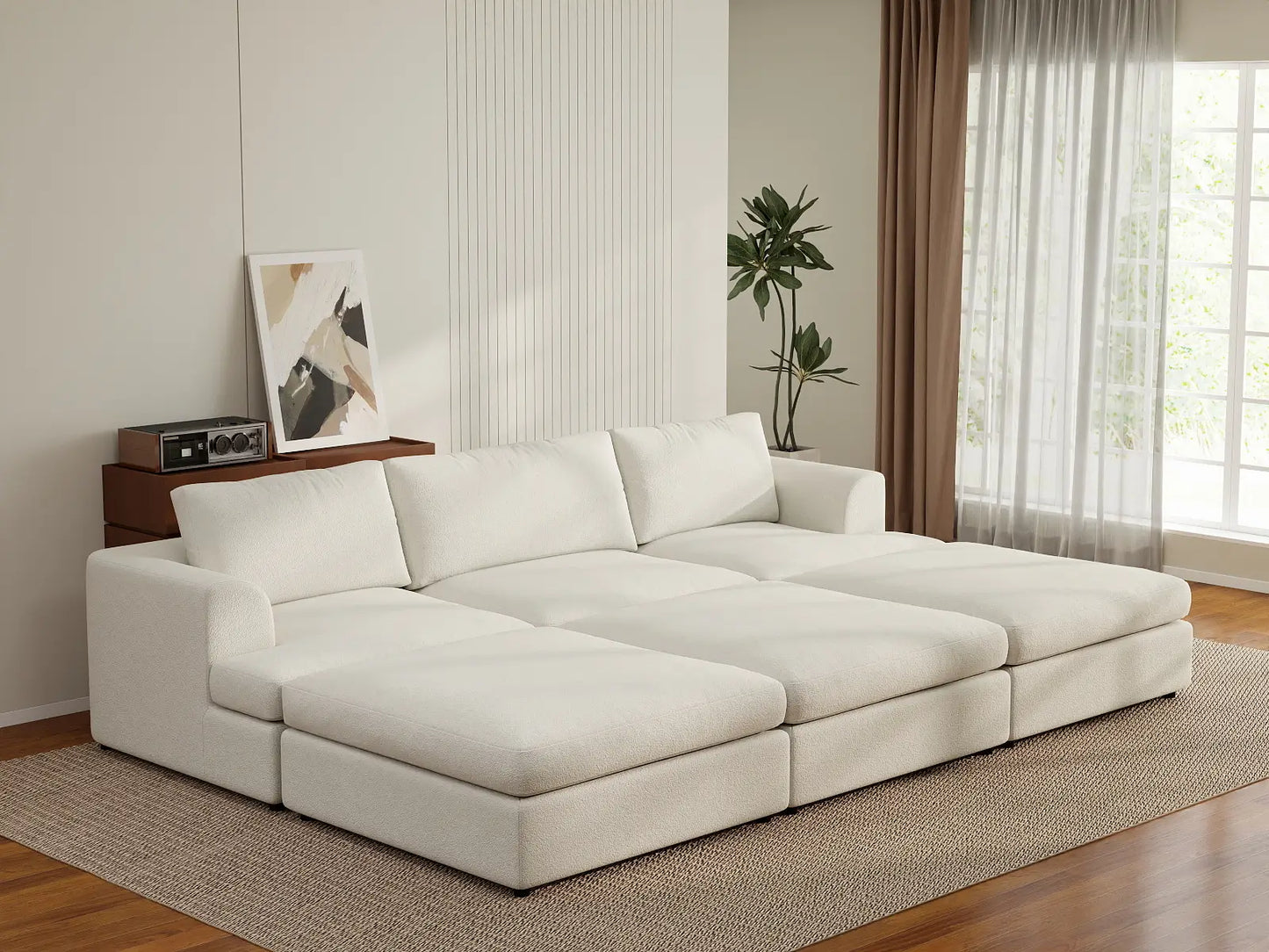 Deluxe Cloud 3-Seater White Large Space Pit Sectional | 6-Piece (Includes 3 Ottomans), Bouclé Sherpa-Like Fabric, Easy To Clean