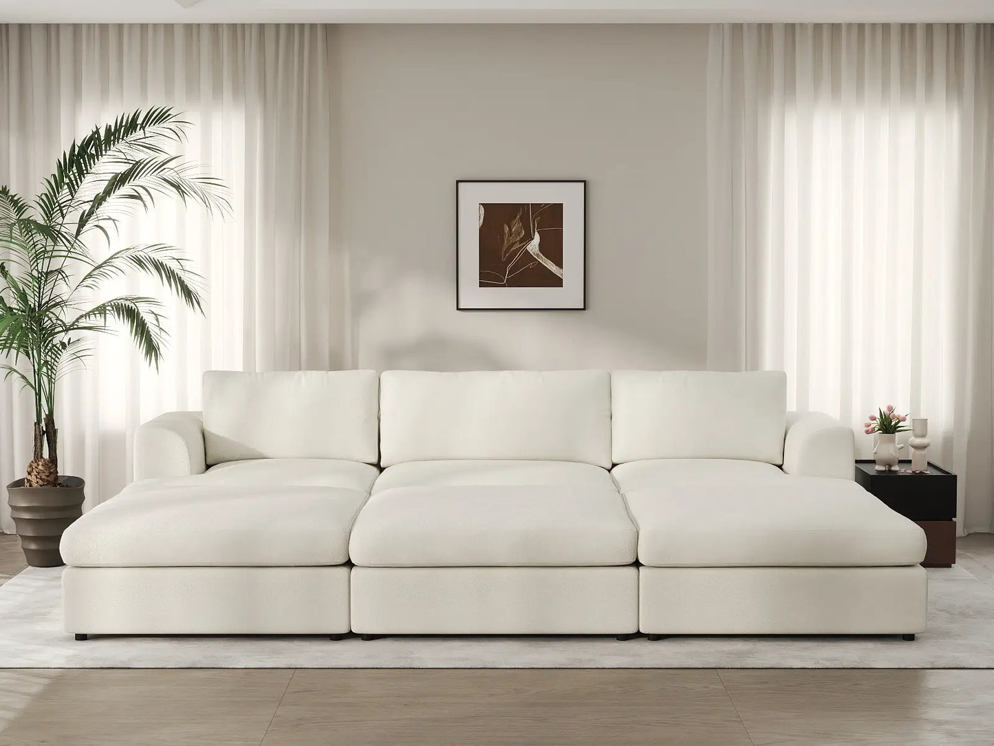 Deluxe Cloud 3-Seater White Large Space Pit Sectional | 6-Piece (Includes 3 Ottomans), Bouclé Sherpa-Like Fabric, Easy To Clean