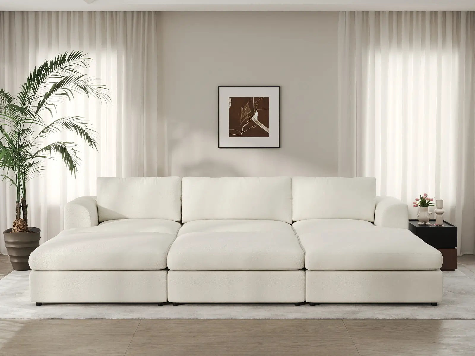 Deluxe Cloud 3-Seater White Large Space Pit Sectional | 6-Piece (Includes 3 Ottomans), Bouclé Sherpa-Like Fabric, Easy To Clean