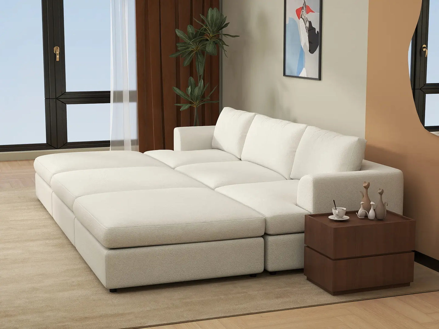 Deluxe Cloud 3-Seater White Large Space Pit Sectional | 6-Piece (Includes 3 Ottomans), Bouclé Sherpa-Like Fabric, Easy To Clean