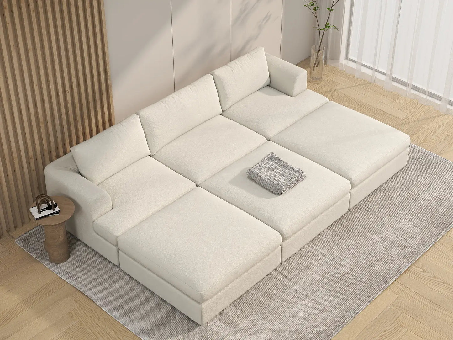 Deluxe Cloud 3-Seater White Large Space Pit Sectional | 6-Piece (Includes 3 Ottomans), Bouclé Sherpa-Like Fabric, Easy To Clean