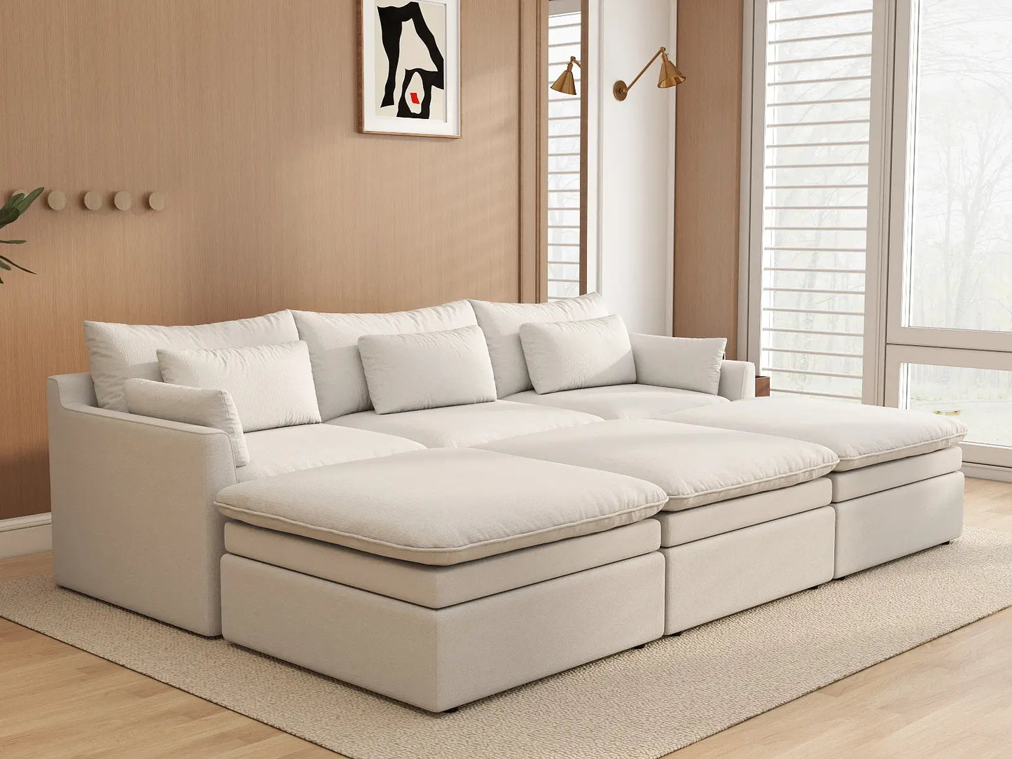 Sofá modular esquinero Deluxe Cloud de 3 plazas blanco grande | 6 piezas (incluye 3 pufs), tejido de poliéster con aspecto de lino, fácil de limpiar