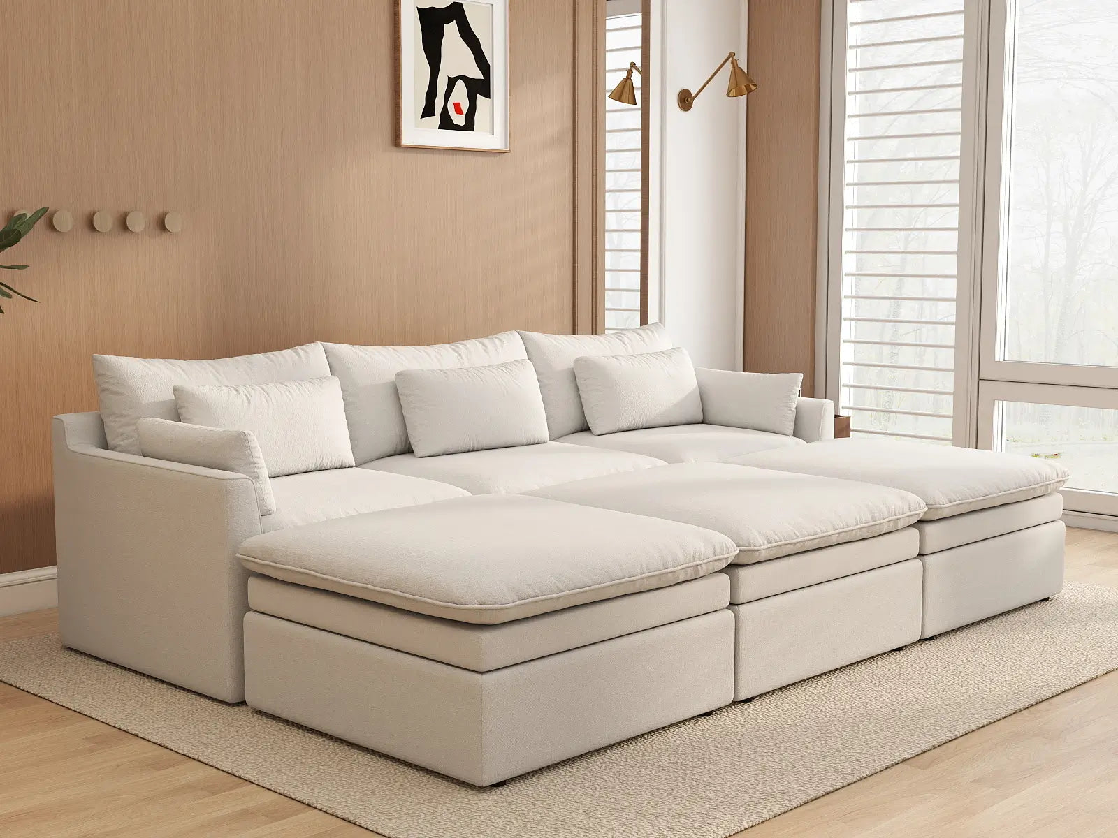 Sofá modular esquinero Deluxe Cloud de 3 plazas blanco grande | 6 piezas (incluye 3 pufs), tejido de poliéster con aspecto de lino, fácil de limpiar