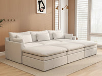 Sofá modular esquinero Deluxe Cloud de 3 plazas blanco grande | 6 piezas (incluye 3 pufs), tejido de poliéster con aspecto de lino, fácil de limpiar