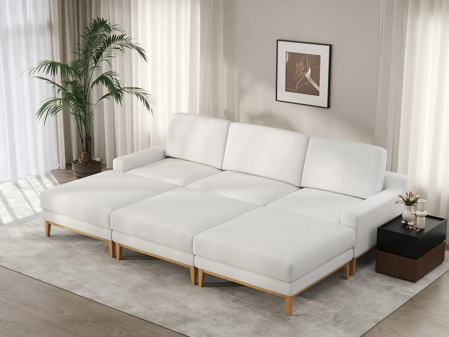 Deluxe Cloud 3-Seater White Large Space Pit Sectional | 6-Piece (Includes 3 Ottomans), Linen Look Poly Fabric, Easy To Clean