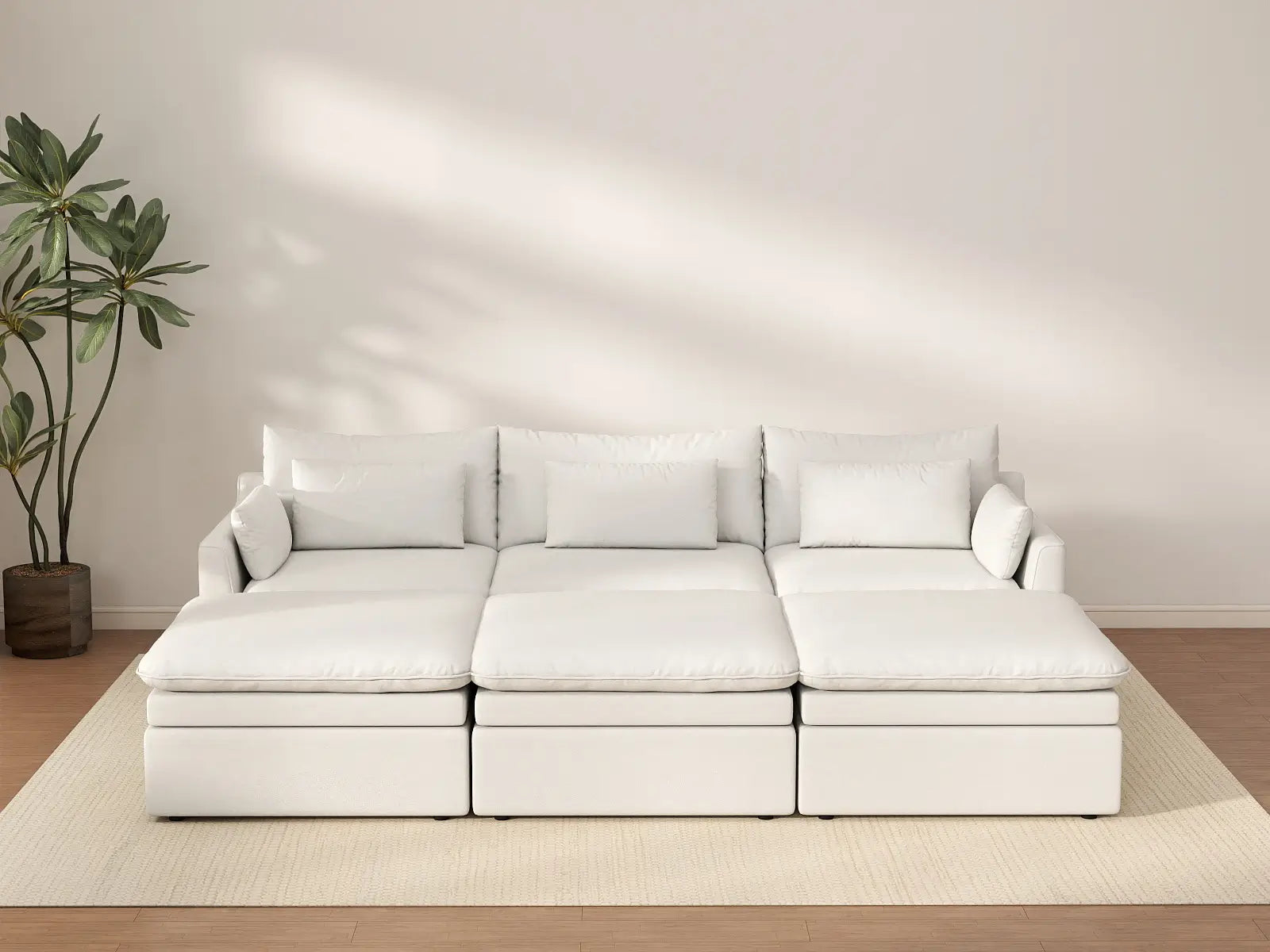 Sofá modular esquinero Deluxe Cloud de 3 plazas blanco grande | 6 piezas (incluye 3 pufs), tejido de poliéster con aspecto de lino, fácil de limpiar