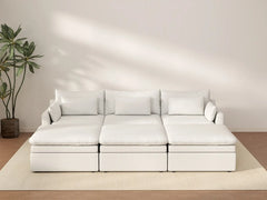 Sofá modular esquinero Deluxe Cloud de 3 plazas blanco grande | 6 piezas (incluye 3 pufs), tejido de poliéster con aspecto de lino, fácil de limpiar
