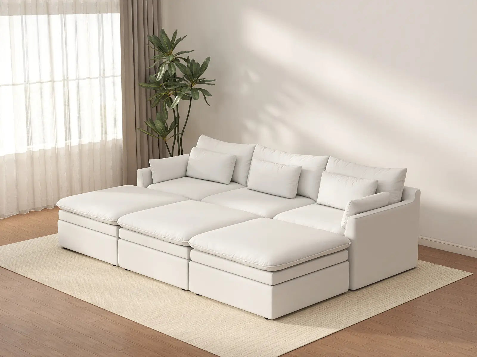 Sofá modular esquinero Deluxe Cloud de 3 plazas blanco grande | 6 piezas (incluye 3 pufs), tejido de poliéster con aspecto de lino, fácil de limpiar