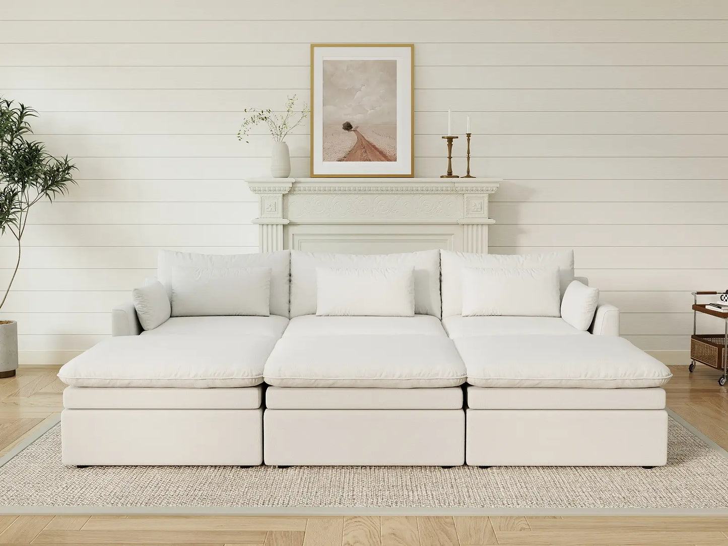 Sofá modular esquinero Deluxe Cloud de 3 plazas blanco grande | 6 piezas (incluye 3 pufs), tejido de poliéster con aspecto de lino, fácil de limpiar
