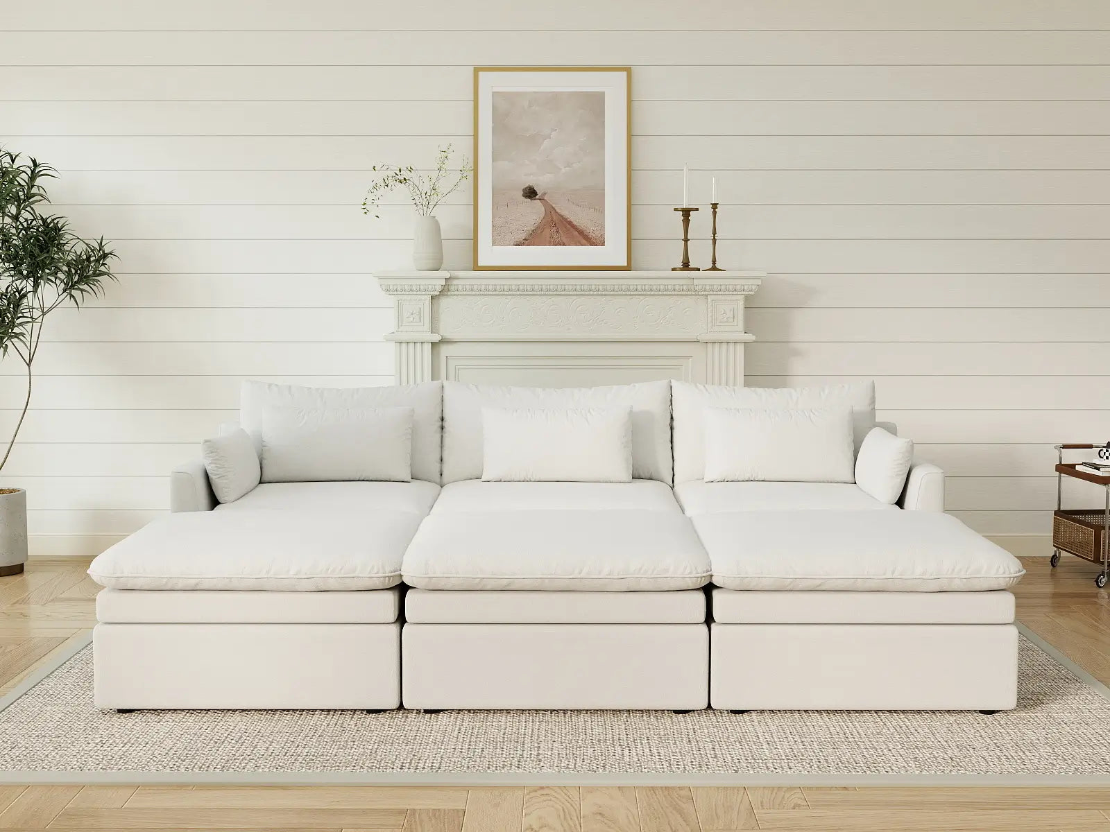 Sofá modular esquinero Deluxe Cloud de 3 plazas blanco grande | 6 piezas (incluye 3 pufs), tejido de poliéster con aspecto de lino, fácil de limpiar