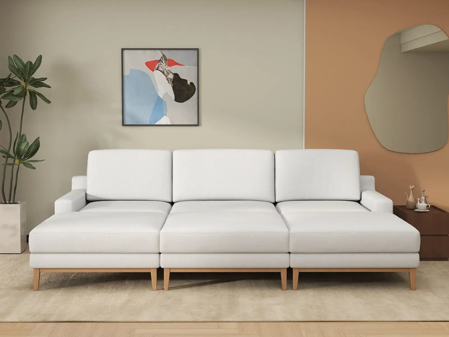 Deluxe Cloud 3-Seater White Large Space Pit Sectional | 6-Piece (Includes 3 Ottomans), Linen Look Poly Fabric, Easy To Clean