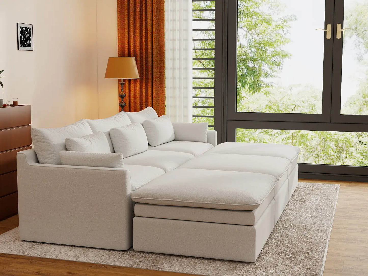 Sofá modular esquinero Deluxe Cloud de 3 plazas blanco grande | 6 piezas (incluye 3 pufs), tejido de poliéster con aspecto de lino, fácil de limpiar