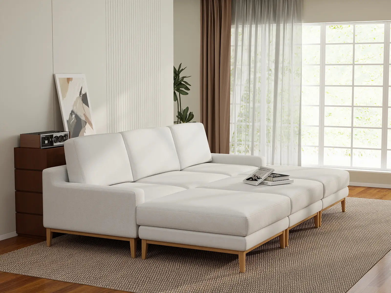 Deluxe Cloud 3-Seater White Large Space Pit Sectional | 6-Piece (Includes 3 Ottomans), Linen Look Poly Fabric, Easy To Clean