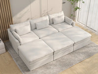 Sofá modular esquinero Deluxe Cloud de 3 plazas blanco grande | 6 piezas (incluye 3 pufs), tejido de poliéster con aspecto de lino, fácil de limpiar