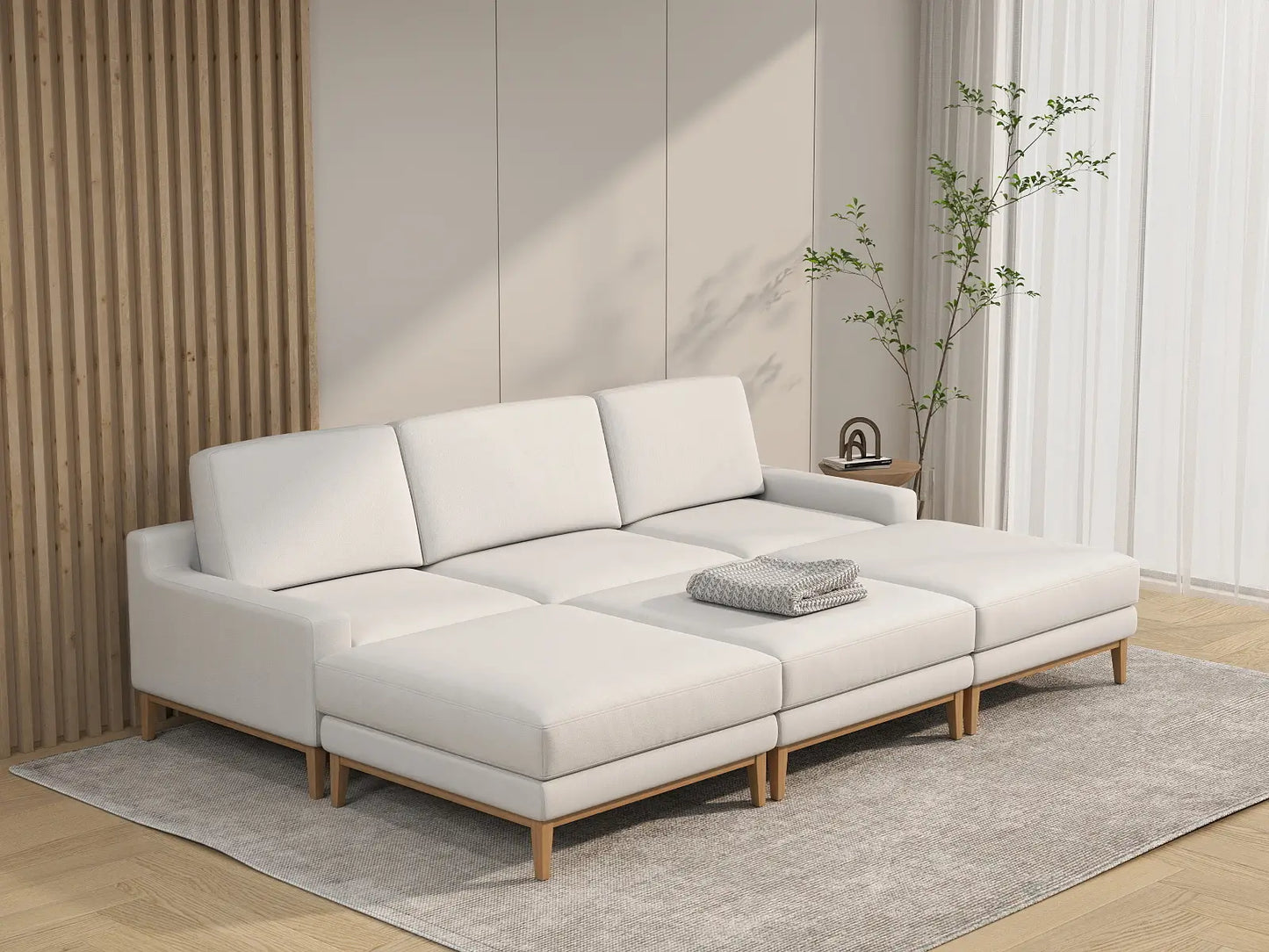 Deluxe Cloud 3-Seater White Large Space Pit Sectional | 6-Piece (Includes 3 Ottomans), Linen Look Poly Fabric, Easy To Clean