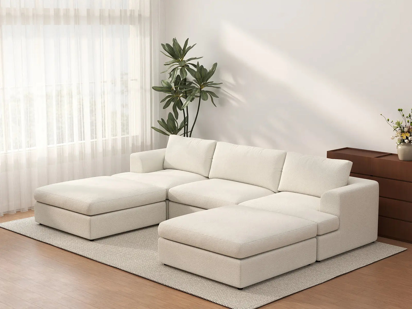 Deluxe Cloud 3-Seater White Large Space U-Shaped Sectional | 5-Piece (Includes 2 Ottomans), Bouclé Sherpa-Like Fabric, Easy To Clean