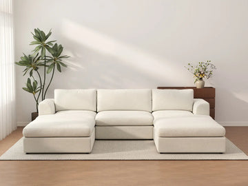 Deluxe Cloud 3-Seater White Large Space U-Shaped Sectional | 5-Piece (Includes 2 Ottomans), Bouclé Sherpa-Like Fabric, Easy To Clean